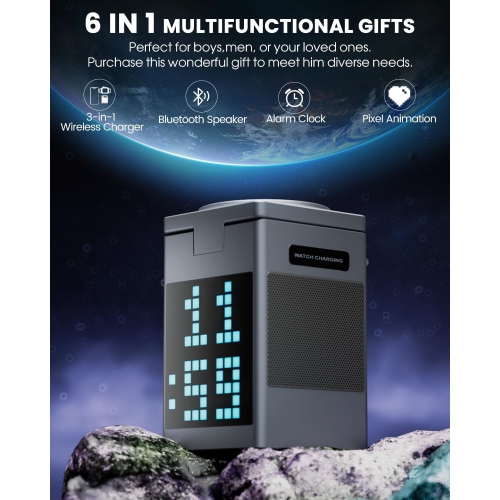 Wireless Charger Speaker, Pixel Art Bluetooth Speaker with LED Display, Digital Alarm Clock, Multi-Function 6-in-1 Magnetic Wireless Charger for Teen