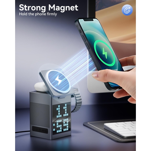 Wireless Charger Speaker, Pixel Art Bluetooth Speaker with LED Display, Digital Alarm Clock, Multi-Function 6-in-1 Magnetic Wireless Charger for Teen