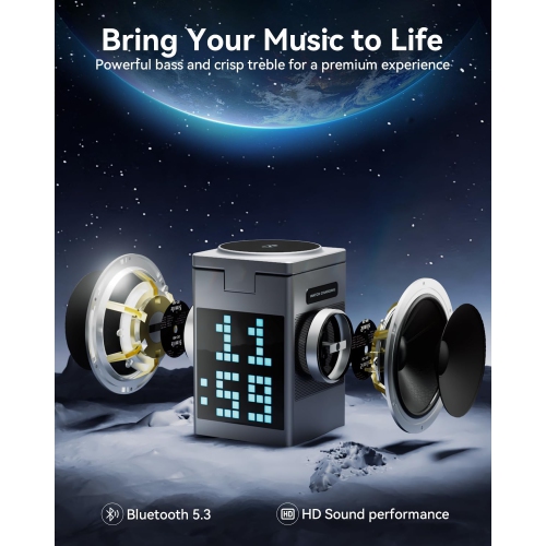 Wireless Charger Speaker, Pixel Art Bluetooth Speaker with LED Display, Digital Alarm Clock, Multi-Function 6-in-1 Magnetic Wireless Charger for Teen