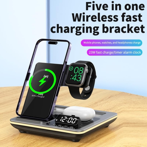 Five-in-One Foldable Wireless Charging Station - Adjustable Charging Stand, Multi-Device Compatible Charging Station and Clock-Apple Series Exclusive