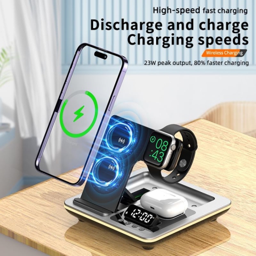 Five-in-One Foldable Wireless Charging Station - Adjustable Charging Stand, Multi-Device Compatible Charging Station and Clock-Apple Series Exclusive