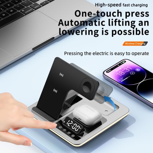 Five-in-One Foldable Wireless Charging Station - Adjustable Charging Stand, Multi-Device Compatible Charging Station and Clock-Apple Series Exclusive