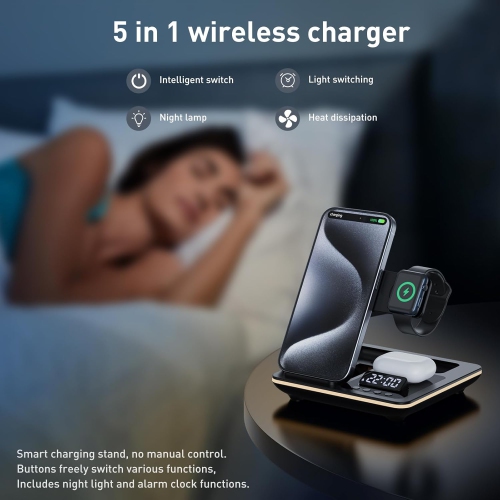 5 in-1 Wireless Charger Phone Charging Station Automatic Lifting Charging Stand Dock Fast Travel Charger for Multiple Devices Adapt with Phone,