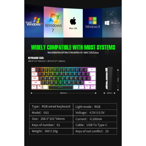 60% wired game keyboard, RGB backlit ultra-small keyboard, waterproof portable, computer/MAC game keyboard