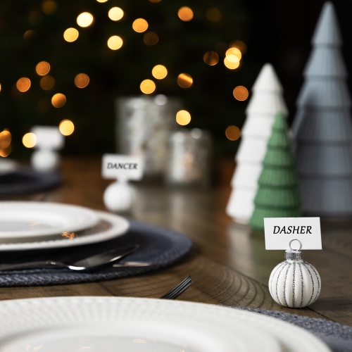 Glitter Striped Glass Christmas Ornament Place Card Holders - 2" - White - Set of 6