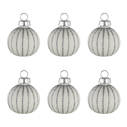 Glitter Striped Glass Christmas Ornament Place Card Holders - 2" - White - Set of 6