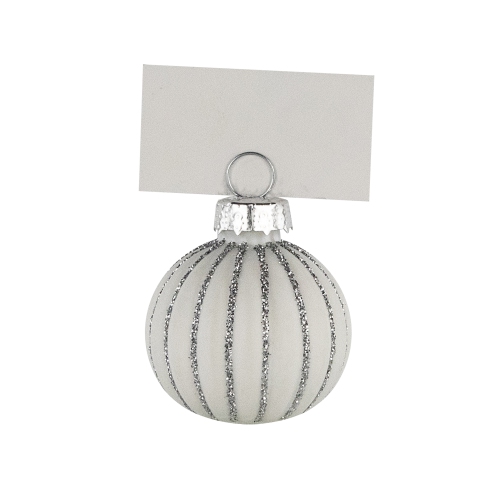 Glitter Striped Glass Christmas Ornament Place Card Holders - 2" - White - Set of 6