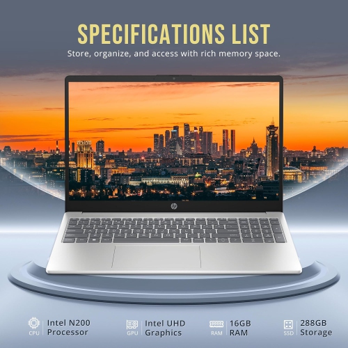 HP 15.6" HD Laptop, Intel Pentium N200, 16GB DDR4 RAM, 288GB Storage, Intel UHD Graphics, Full Size Keyboard,1 Year Office 365, Win 11, Silver
