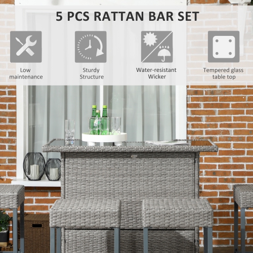 Outsunny 5 Pieces Patio Bar Set, Outdoor PE Rattan Wicker High Top Outdoor Table and Chairs Outdoor Bar Set with Tempered Glass Top Bar Table and
