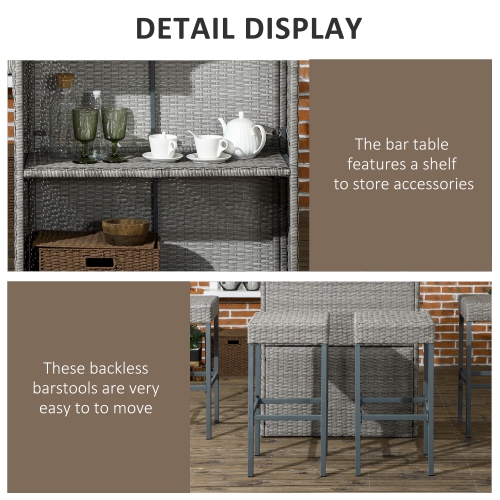 Outsunny 5 Pieces Patio Bar Set, Outdoor PE Rattan Wicker High Top Outdoor Table and Chairs Outdoor Bar Set with Tempered Glass Top Bar Table and