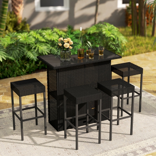 Ensemble de bar de patio Outsunny 5 pièces, table d'extérieur en rotin à dessus élevé en polyéthylène et chaises d'extérieur avec table de bar et