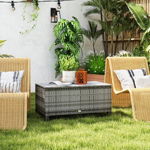 Outsunny Rattan Coffee Table, Patio Side Table, Hand-woven Wicker Furniture with Tempered Glass Top Outdoor Garden Patio, Grey