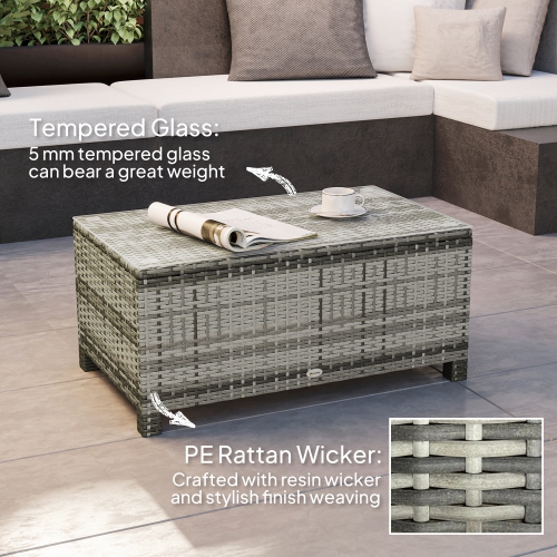 Outsunny Rattan Coffee Table, Patio Side Table, Hand-woven Wicker Furniture with Tempered Glass Top Outdoor Garden Patio, Grey