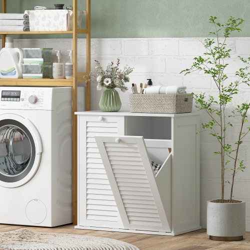 HOMCOM Laundry Cabinet, Laundry Hamper Cabinet with Louvered Doors and 2 Baskets, Bathroom Hamper Cabinet for Laundry Room, Bathroom, White