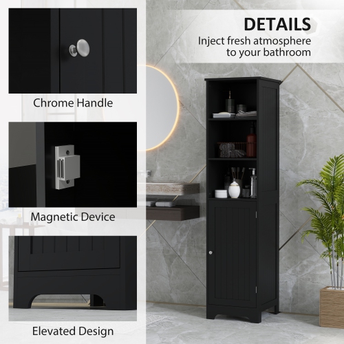 kleankin Narrow Bathroom Cabinet, Tall Bathroom Storage Cabinet, Freestanding Linen Cabinet with Adjustable Shelf, 3 Open Shelves, Black
