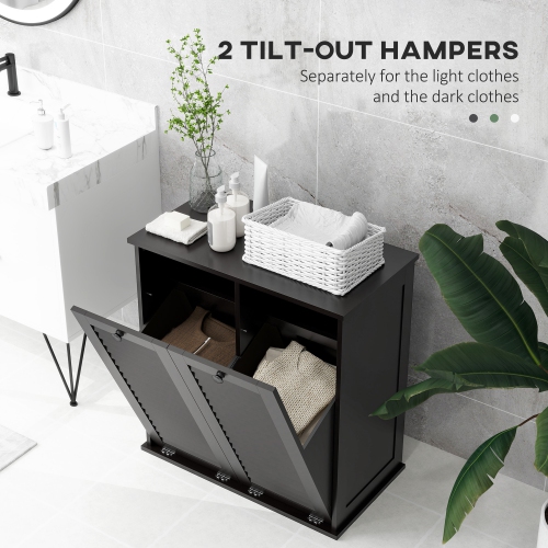 HOMCOM Laundry Cabinet, Laundry Hamper Cabinet with Louvered Doors and 2 Baskets, Bathroom Hamper Cabinet for Laundry Room, Bathroom, Black