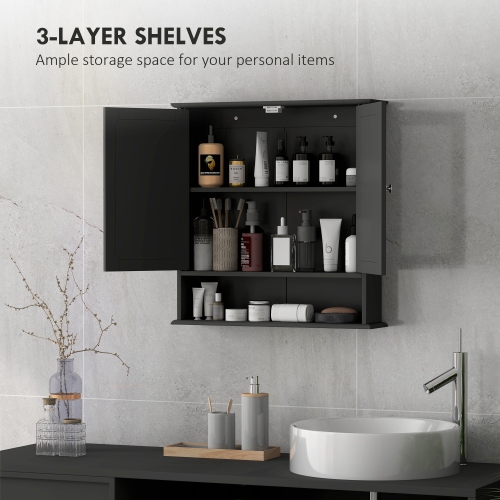 Armoire à pharmacie kleankin, miroir mural pour salle de bain avec portes doubles, tablette ouverte et tablette réglable, armoire murale moderne pour