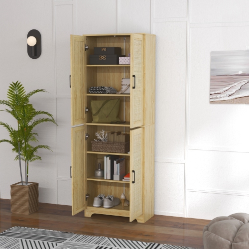 HOMCOM – Armoire garde-manger autonome de 67&nbsp;po, 4 portes en rotin et tablettes ajustables, chêne