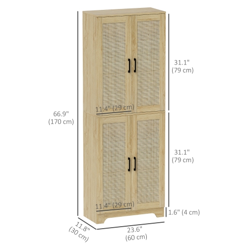 HOMCOM – Armoire garde-manger autonome de 67&nbsp;po, 4 portes en rotin et tablettes ajustables, chêne