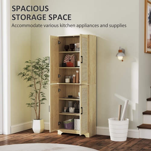 HOMCOM – Armoire garde-manger autonome de 67&nbsp;po, 4 portes en rotin et tablettes ajustables, chêne