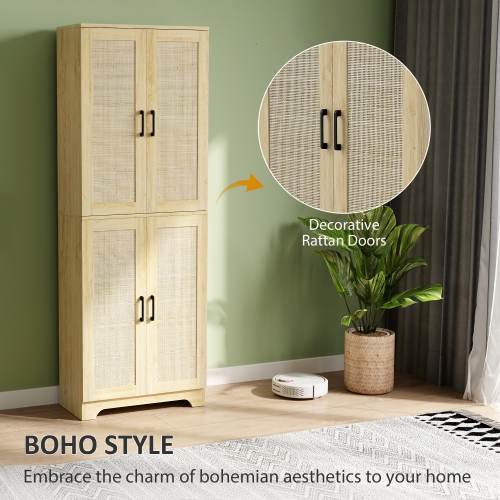 HOMCOM – Armoire garde-manger autonome de 67&nbsp;po, 4 portes en rotin et tablettes ajustables, chêne