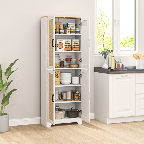 HOMCOM – Armoire garde-manger autonome de 67 po, 4 portes en rotin et tablettes réglables, blanc