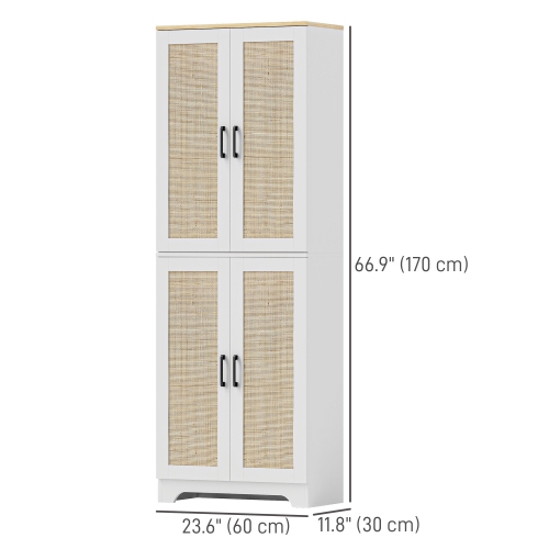 HOMCOM – Armoire garde-manger autonome de 67 po, 4 portes en rotin et tablettes réglables, blanc