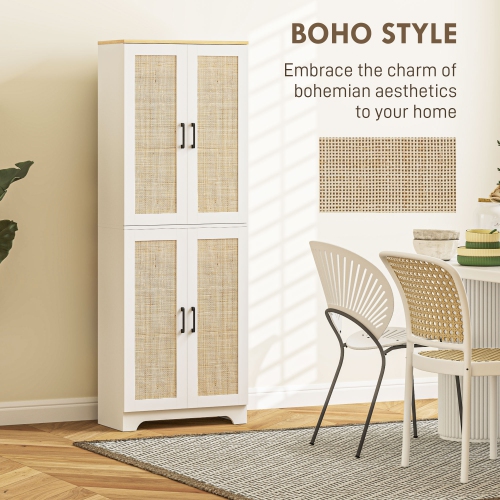 HOMCOM – Armoire garde-manger autonome de 67 po, 4 portes en rotin et tablettes réglables, blanc