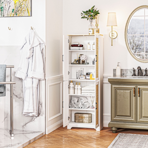 HOMCOM – Armoire garde-manger autonome de 67 po, 4 portes en rotin et tablettes réglables, blanc