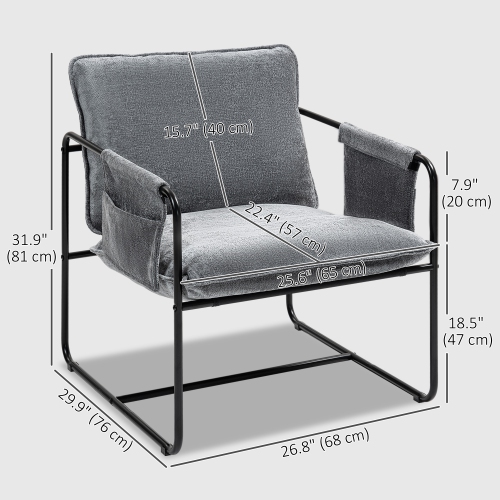 HOMCOM Modern Accent Chair, Upholstered Chenille Armchair with Side Pockets and Solid Steel Frame, Comfy Reading Chair for Bedroom, Living Room, Grey