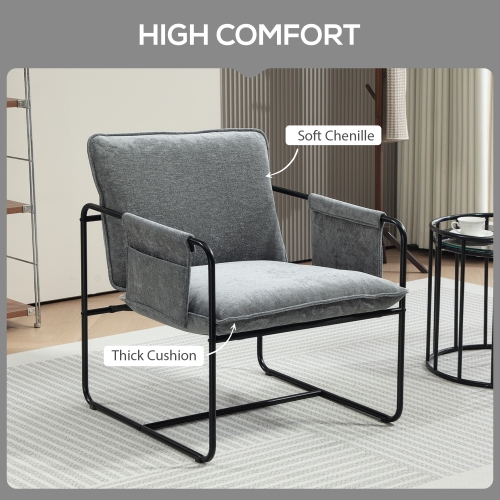 HOMCOM Modern Accent Chair, Upholstered Chenille Armchair with Side Pockets and Solid Steel Frame, Comfy Reading Chair for Bedroom, Living Room, Grey