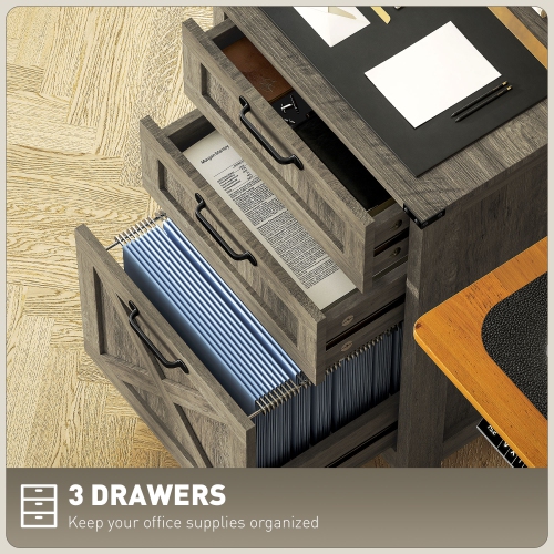 HOMCOM 3 Drawer File Cabinet with Silent Slides, Vertical Filing Cabinet for Hanging A4/Letter Size, Rustic Farmhouse Printer Stand with Storage for