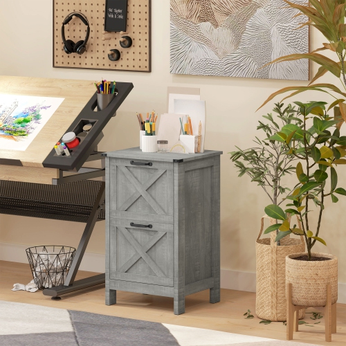 HOMCOM 2 Drawer File Cabinet with Silent Slides, Rustic Farmhouse Filing Cabinet with Barn Doors for A4/Letter Size, Printer Stand with Storage for