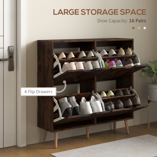 HOMCOM – Armoire à chaussures avec 4 tiroirs rabattables et tablette réglable, armoire de rangement pour chaussures pour entrée, couloir, peut