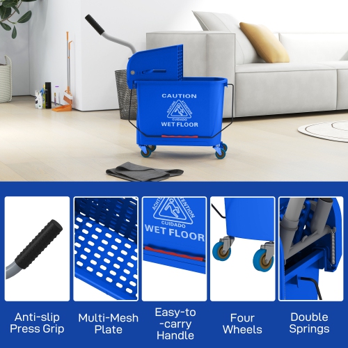 HOMCOM 20-Quart/5 Gallon Compact Mop Bucket with Wringer on Wheels for Floor Cleaning, Separate Dirty and Clean Water, for Home, Apartment, Blue