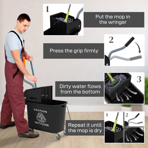 HOMCOM 20-Quart/5 Gallon Compact Mop Bucket with Wringer on Wheels for Floor Cleaning, Separate Dirty and Clean Water, for Home, Apartment, Black