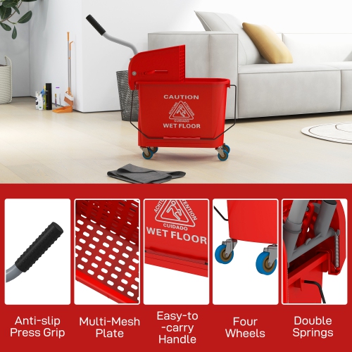 HOMCOM 20-Quart/5 Gallon Compact Mop Bucket with Wringer on Wheels for Floor Cleaning, Separate Dirty and Clean Water, for Home, Apartment, Red