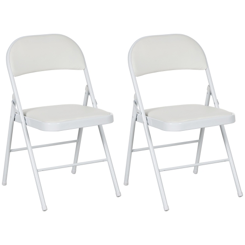HOMCOM Metal Folding Chairs 2 Pack PU Leather Padded Foldable Chairs Indoor with Cushion for Office Reception Waiting Room Party White