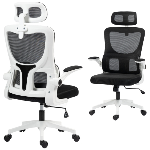 Vinsetto – Chaise de bureau à dossier haut, chaise de bureau d'ordinateur en filet avec appuie-tête rotatif, soutien lombaire, accoudoirs, hauteur ré