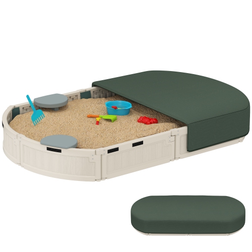 Outsunny Kids Sandbox with Cover, Sandbox Outdoor with Corner Seat, Easy Assembly, Play Sand Station for Backyard, Garden, 72" x 41.3" x 8.9", Cream