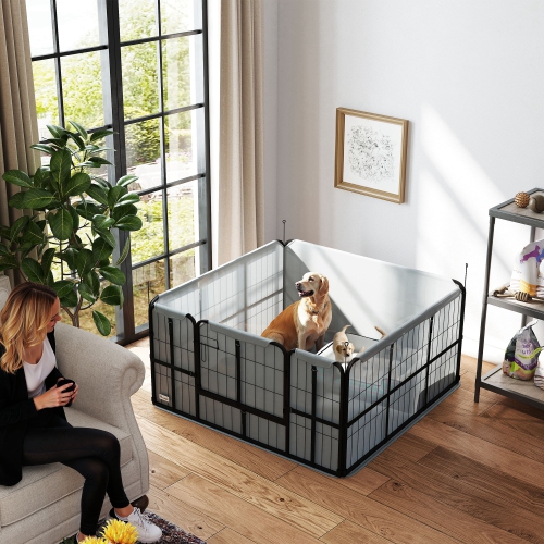 PawHut Whelping Box for Dogs and Puppies, 23.5"H, 4 Panels Puppy Playpen with Windproof Oxford Fabric Cloth, Washable Pee Pad, Pet Playpen with Door,