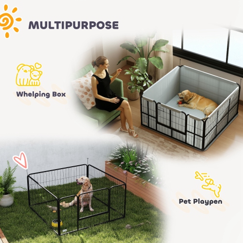 PawHut Whelping Box for Dogs and Puppies, 23.5"H, 4 Panels Puppy Playpen with Windproof Oxford Fabric Cloth, Washable Pee Pad, Pet Playpen with Door,