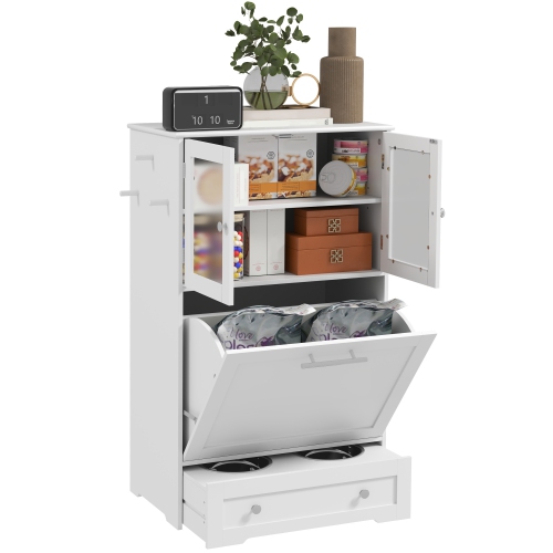 PawHut Dog Feeding Station with 2 Storage Cabinets, Dog Food Storage Cabinet with 2 Raised Dog Bowls, Side Hooks, Anti-tip Kit for Water and Feeding