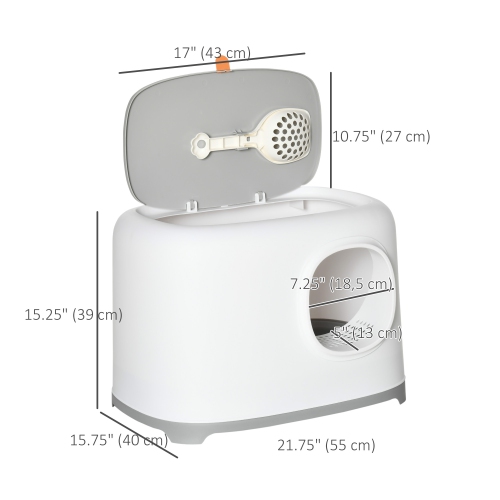 PawHut Cat Litter Box, Open Top Kitty Litter Pan with Anti-Sand Tunnel, Scoop, Odor Control & Easy to Clean, White