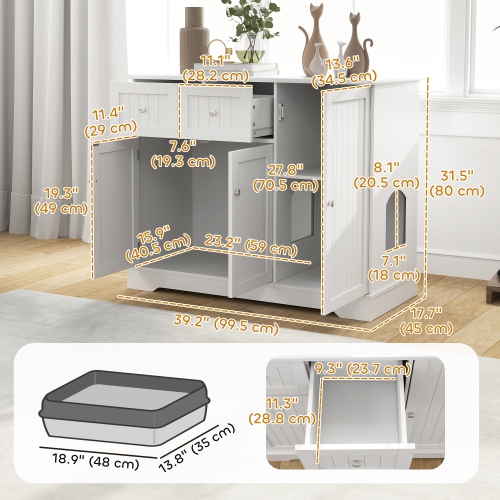 PawHut Cat Litter Box Enclosure, Hidden Litter Box Furnitrue Indoor Cat House with Drawer, Storage, Anti-tip Kit, Cat Washroom for Living Room,