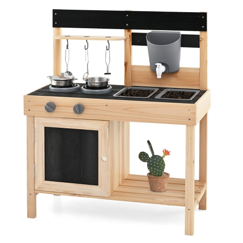 Gymax Mud Kitchen Playset Outdoor Kids Pretend Play Kitchen w/2 Removable Sinks Faucet Natural