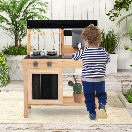 Gymax Mud Kitchen Playset Outdoor Kids Pretend Play Kitchen w/2 Removable Sinks Faucet Natural