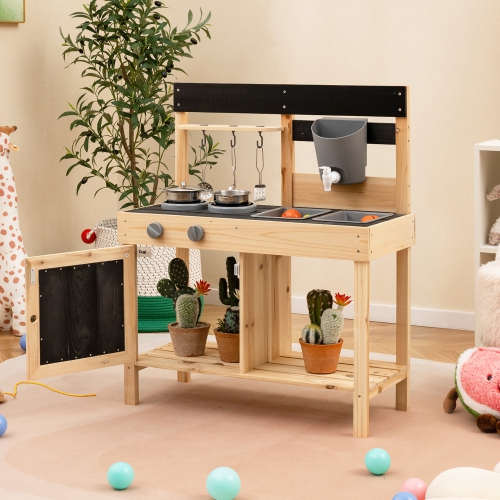 Gymax Mud Kitchen Playset Outdoor Kids Pretend Play Kitchen w/2 Removable Sinks Faucet Natural