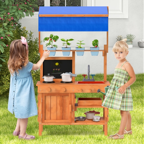 Gymax Mud Kitchen Wooden Pretend Play Kitchen w/ Height Adjustable Canopy