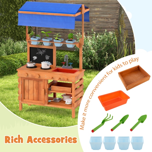 Gymax Mud Kitchen Wooden Pretend Play Kitchen w/ Height Adjustable Canopy